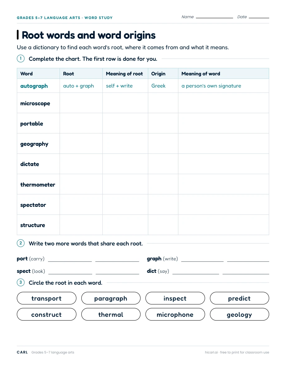 Root words and word origins worksheet preview