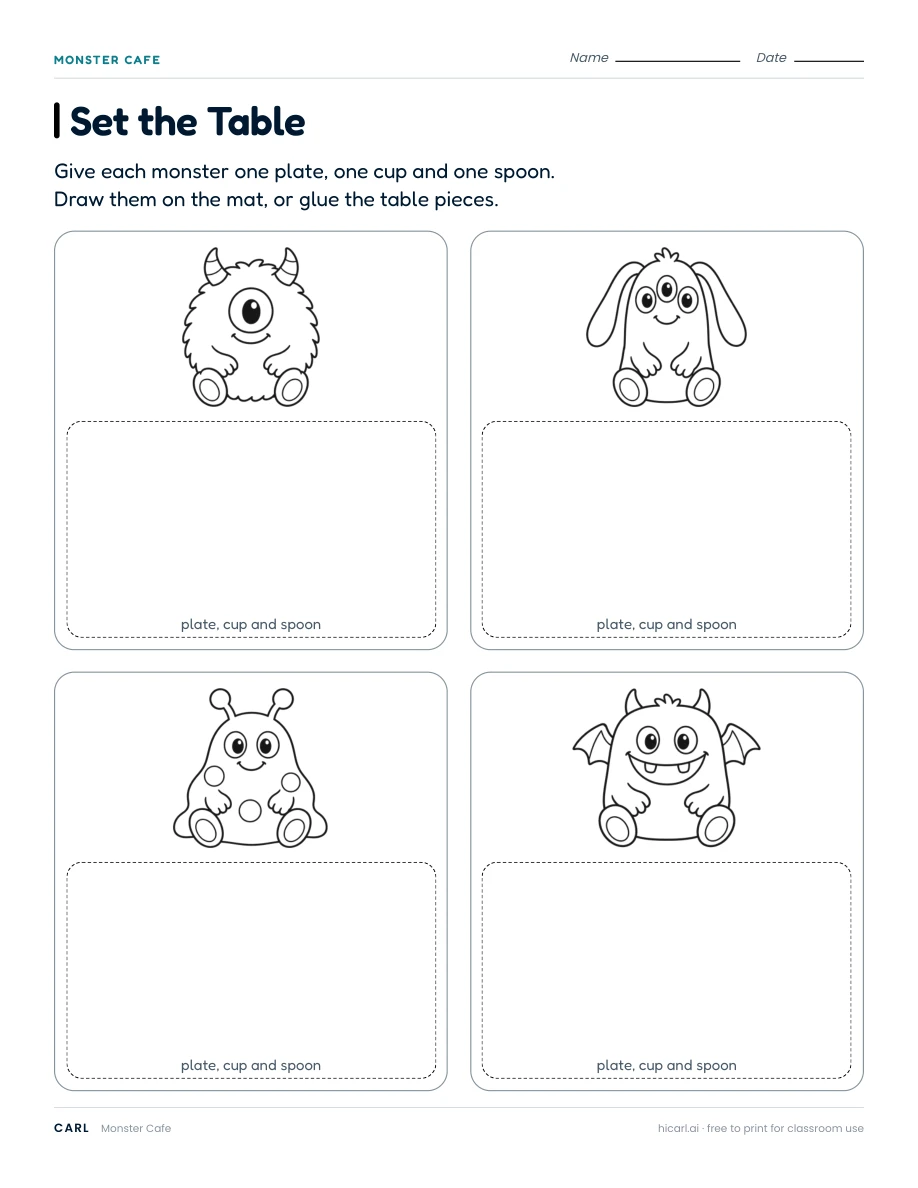Monster Cafe: Set the Table worksheet preview