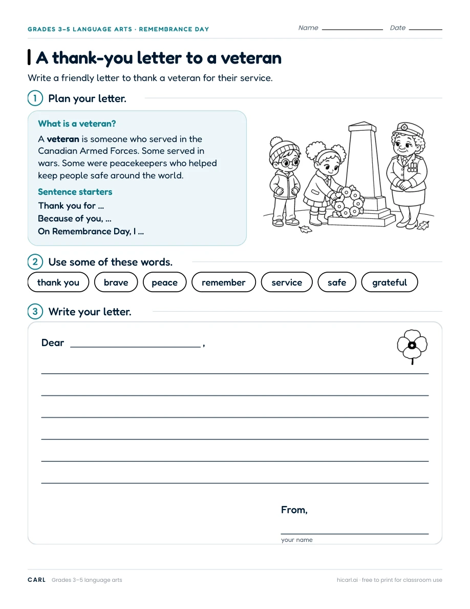 Remembrance reading and writing worksheets preview
