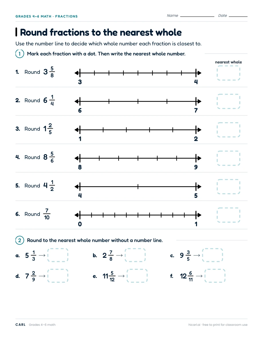Round fractions to the nearest whole worksheet preview