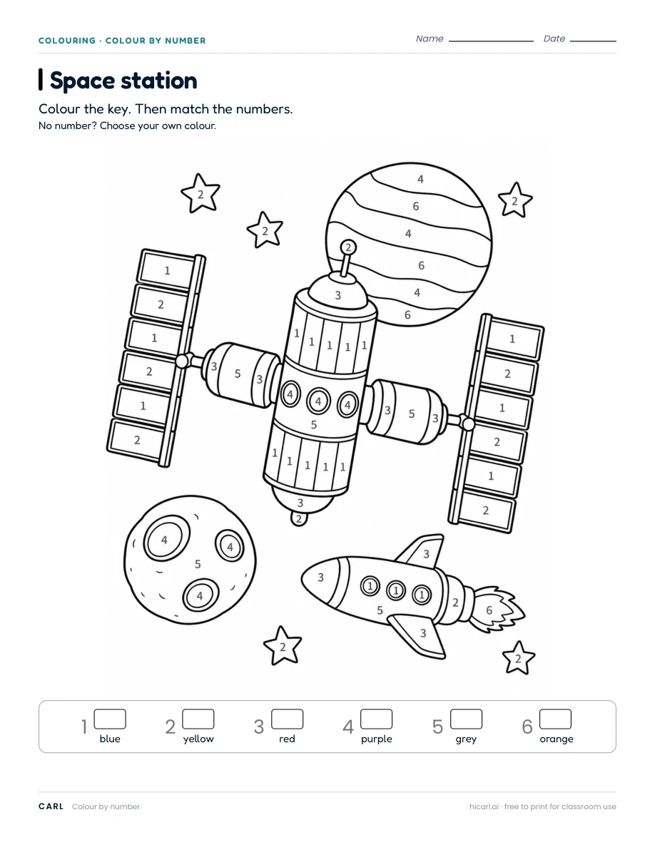 Colour by number: space station worksheet preview