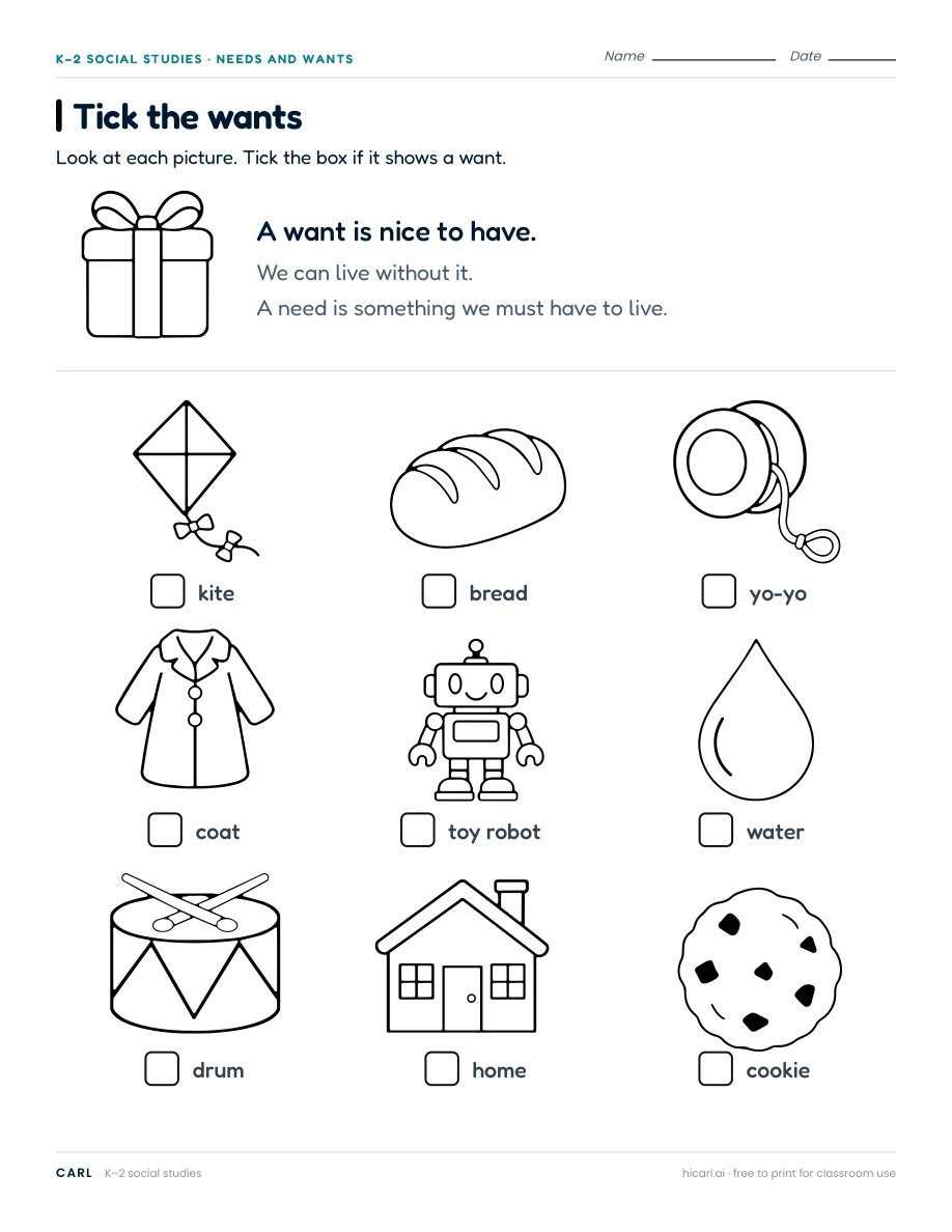 Needs and wants worksheets preview