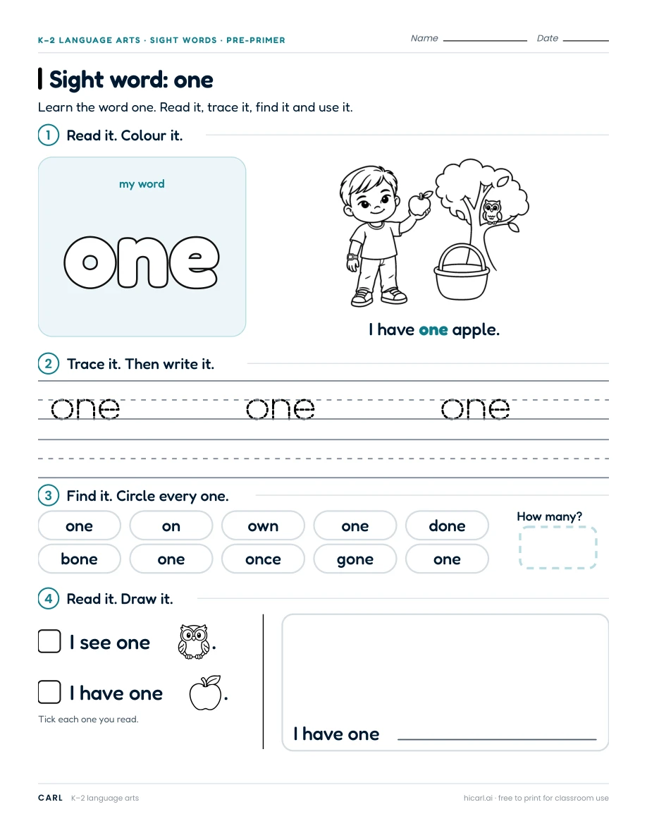 Sight word: one preview