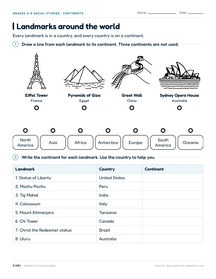 Countries and world landmarks worksheets preview