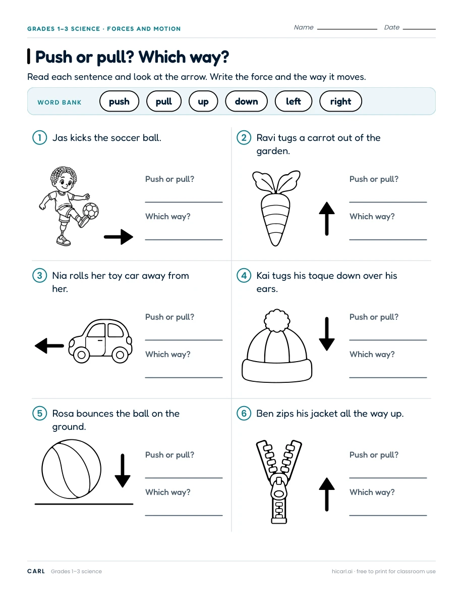 Pushes, pulls and friction worksheets preview