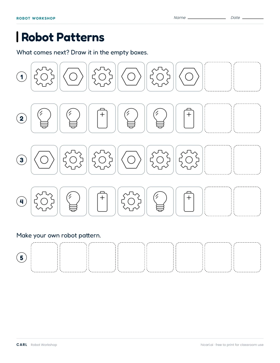 Robot Workshop: Robot Patterns worksheet preview