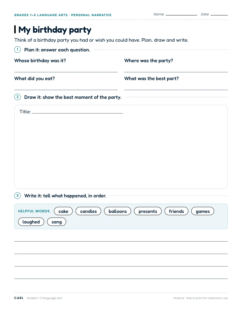 My birthday party worksheet preview