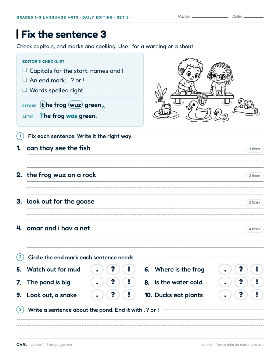 Sentence editing practice 3 (Grade 1, Grade 2, Grade 3) preview