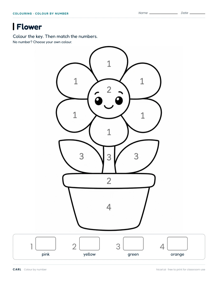 Colour by number: flower worksheet preview