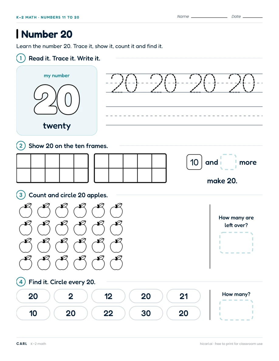 Number 20 worksheet preview
