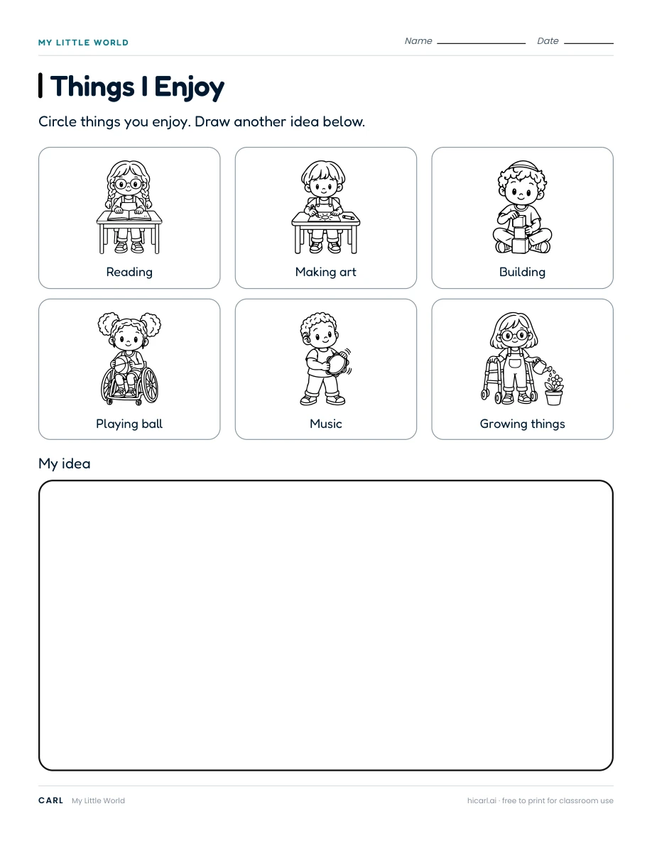 My Little World: Things I Enjoy worksheet preview