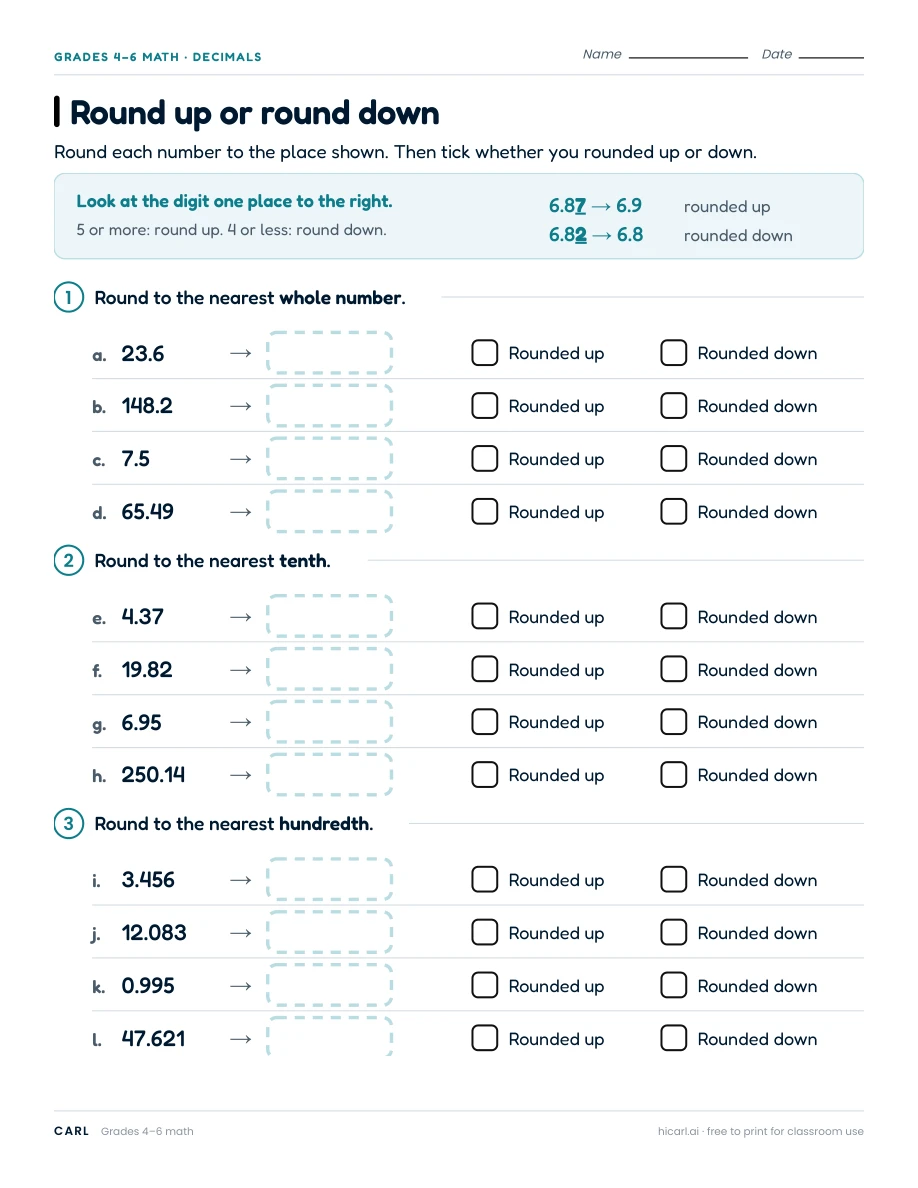 Round up or round down worksheet preview
