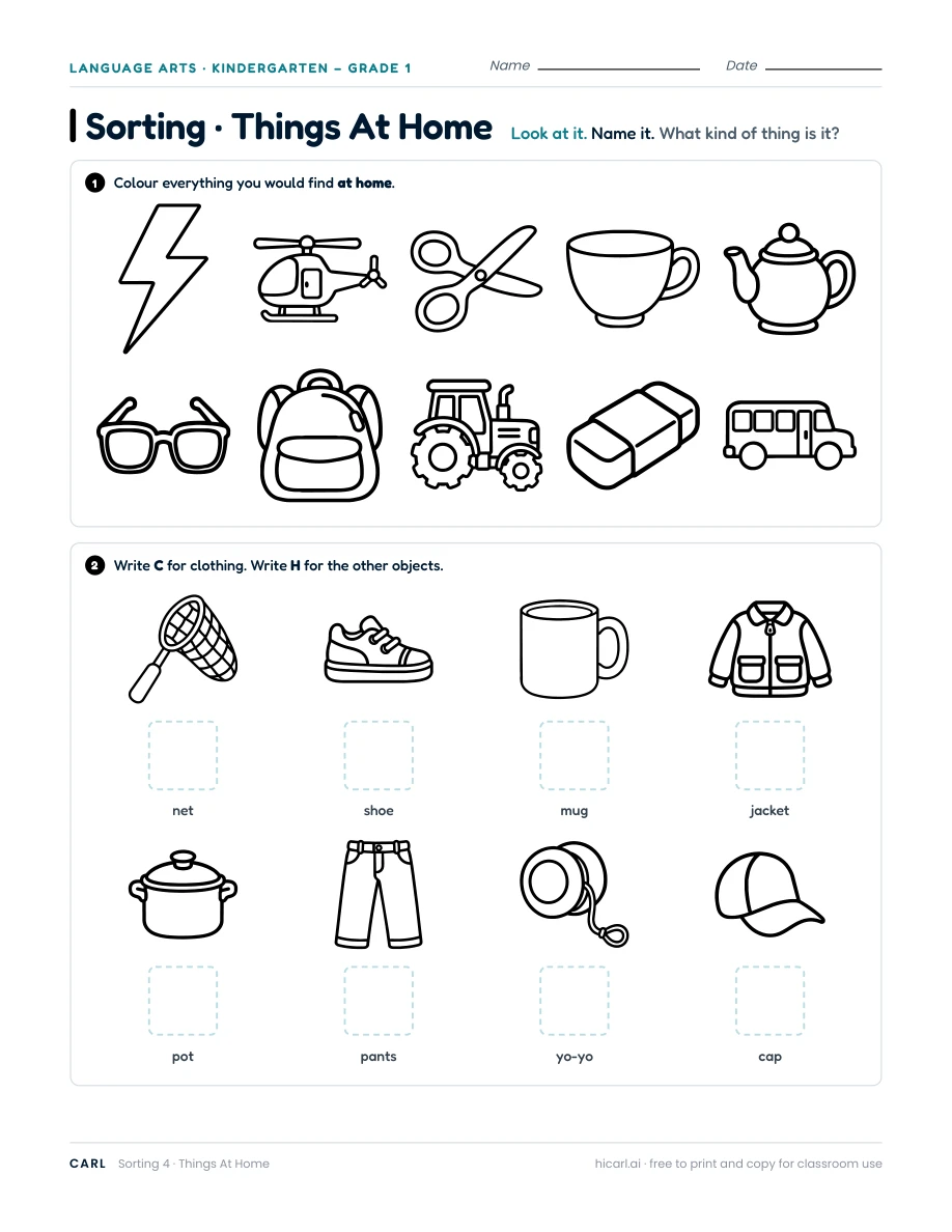 Things At Home sorting worksheet — page 1 of 1