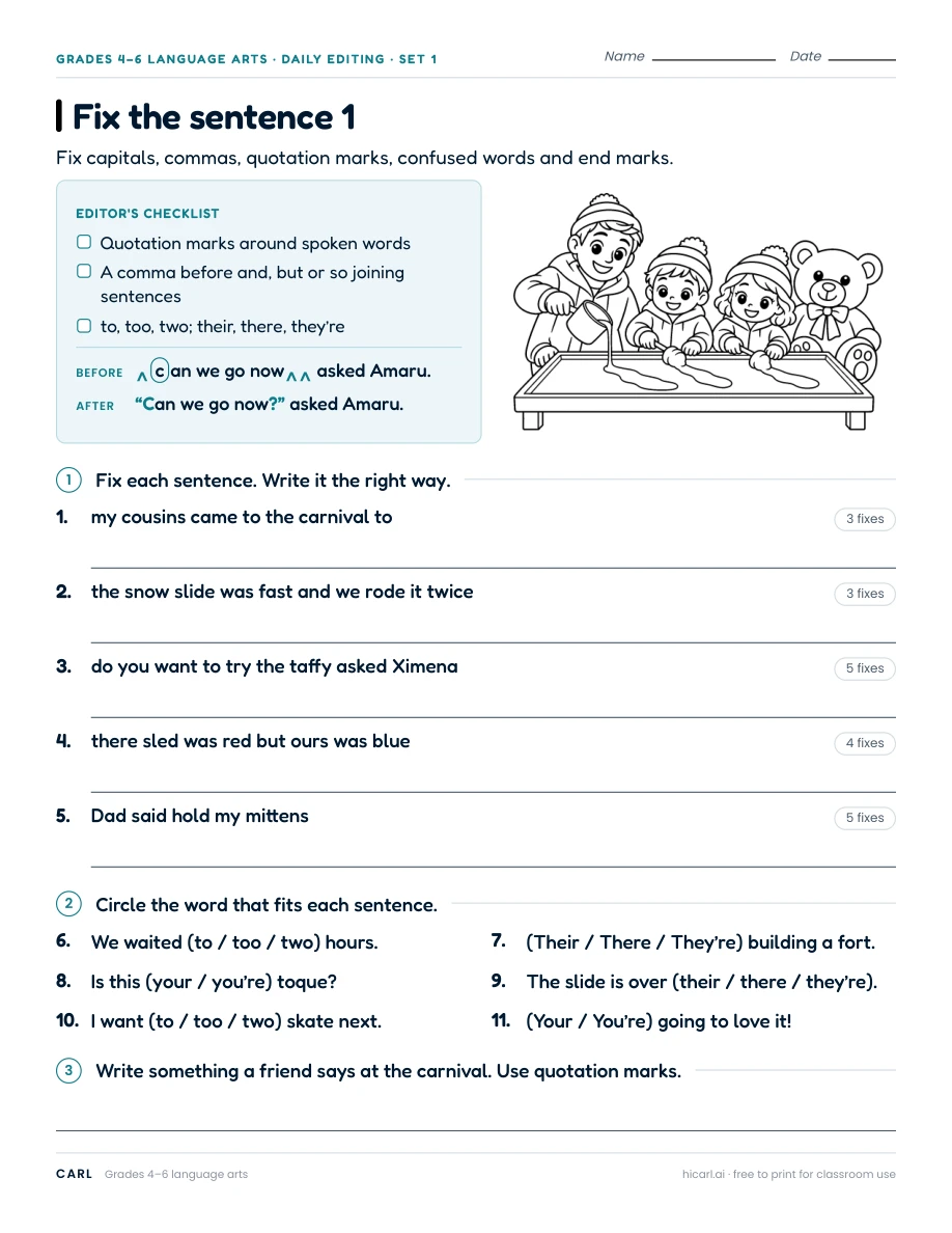 Sentence editing practice 9 (Grade 4, Grade 5, Grade 6) preview