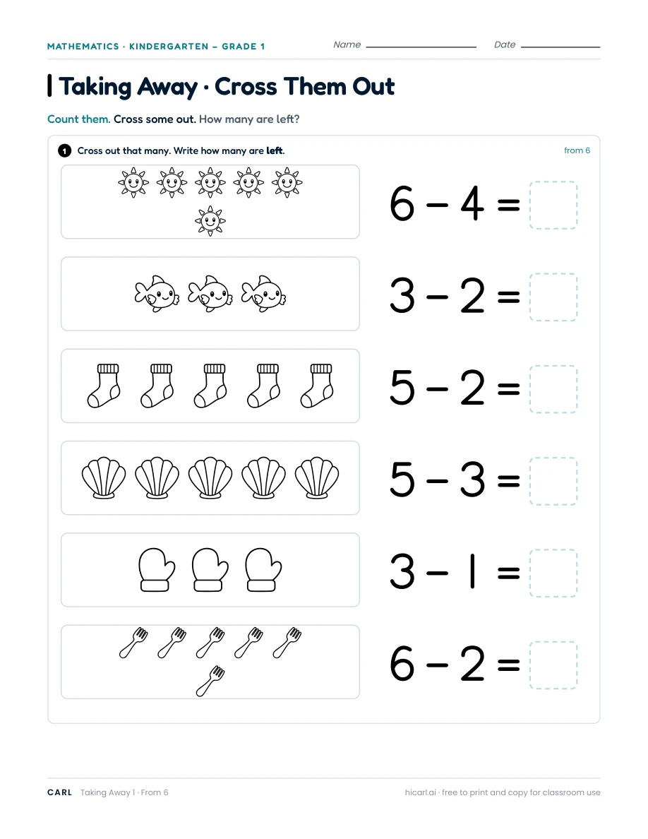 Subtraction within 6, sheet 1 — page 1 of 1