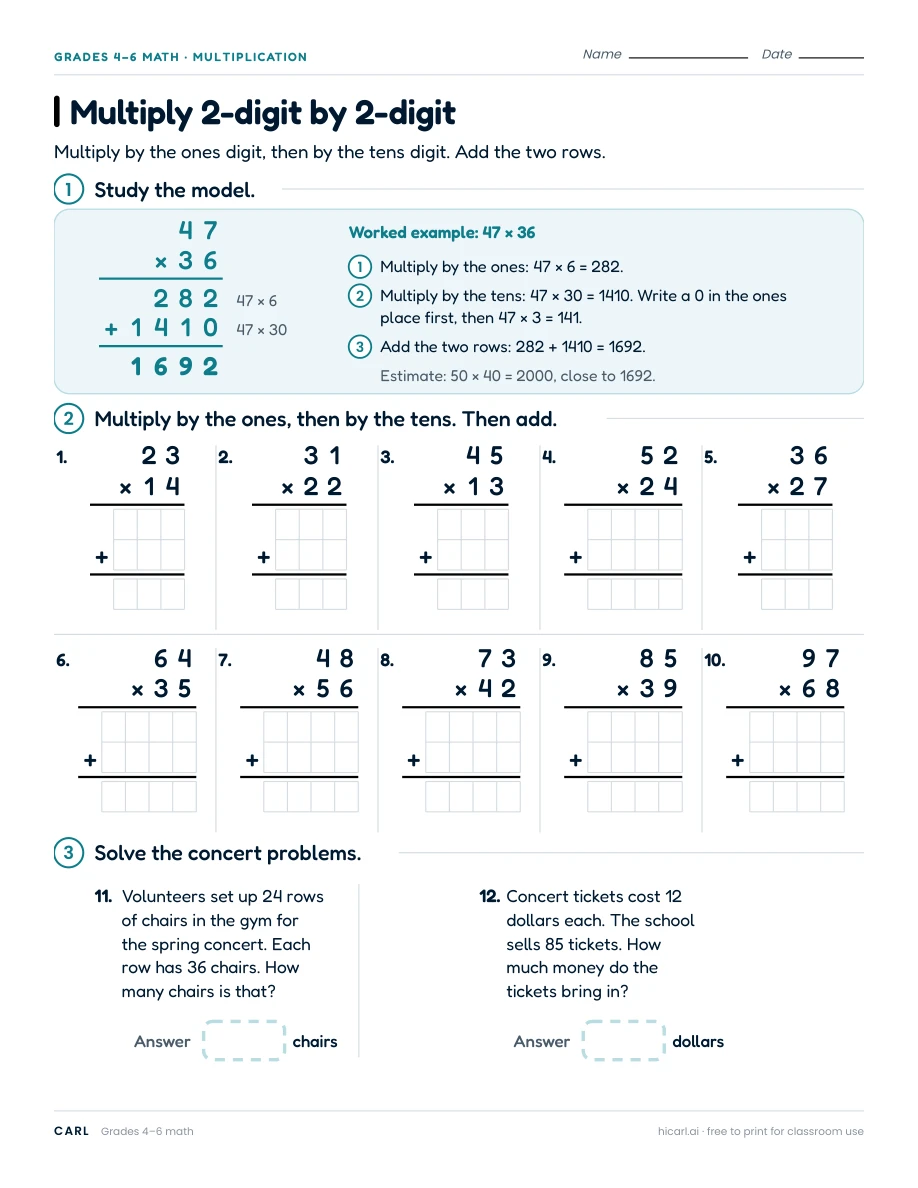 Multiply 2-digit by 2-digit worksheet preview