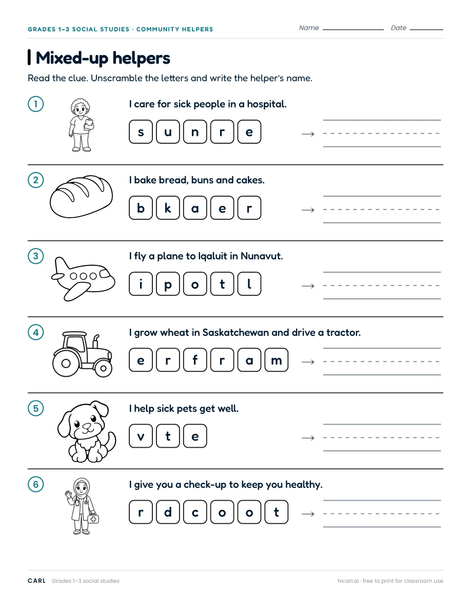 Mixed-up helpers worksheet preview