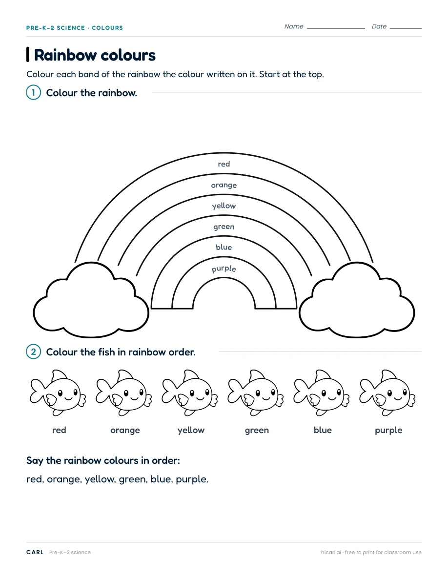 Rainbow colours worksheet preview