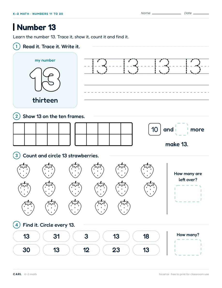 Number 13 worksheet preview