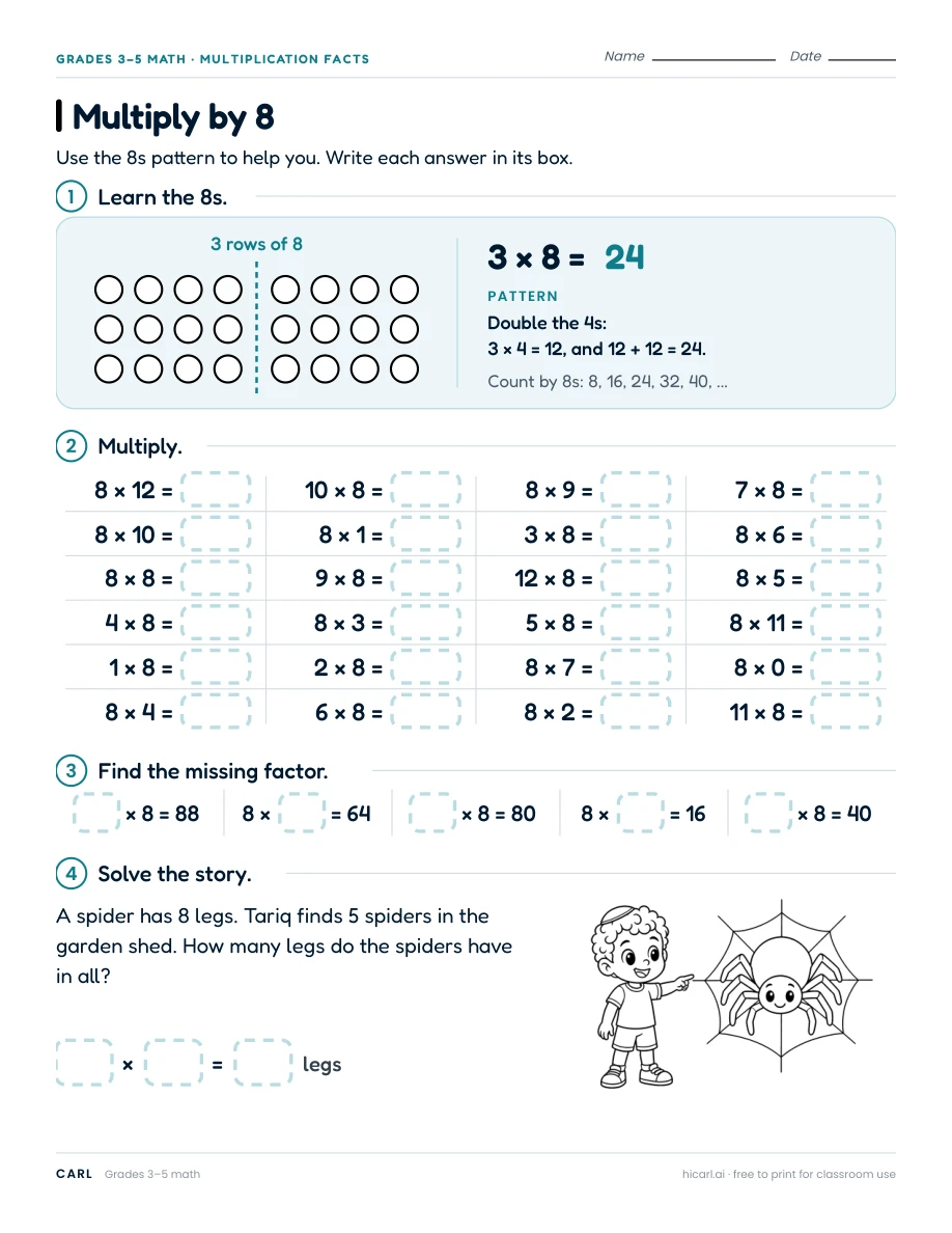 Multiply by 8 worksheet preview