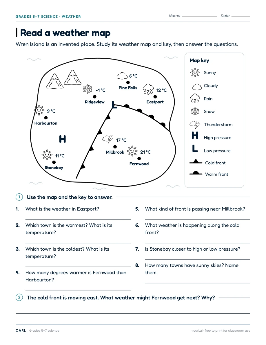 Read a weather map worksheet preview