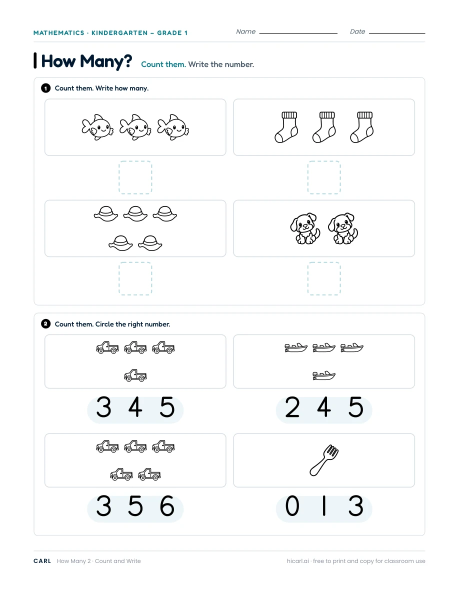 Count and write, sheet 2 — page 1 of 1