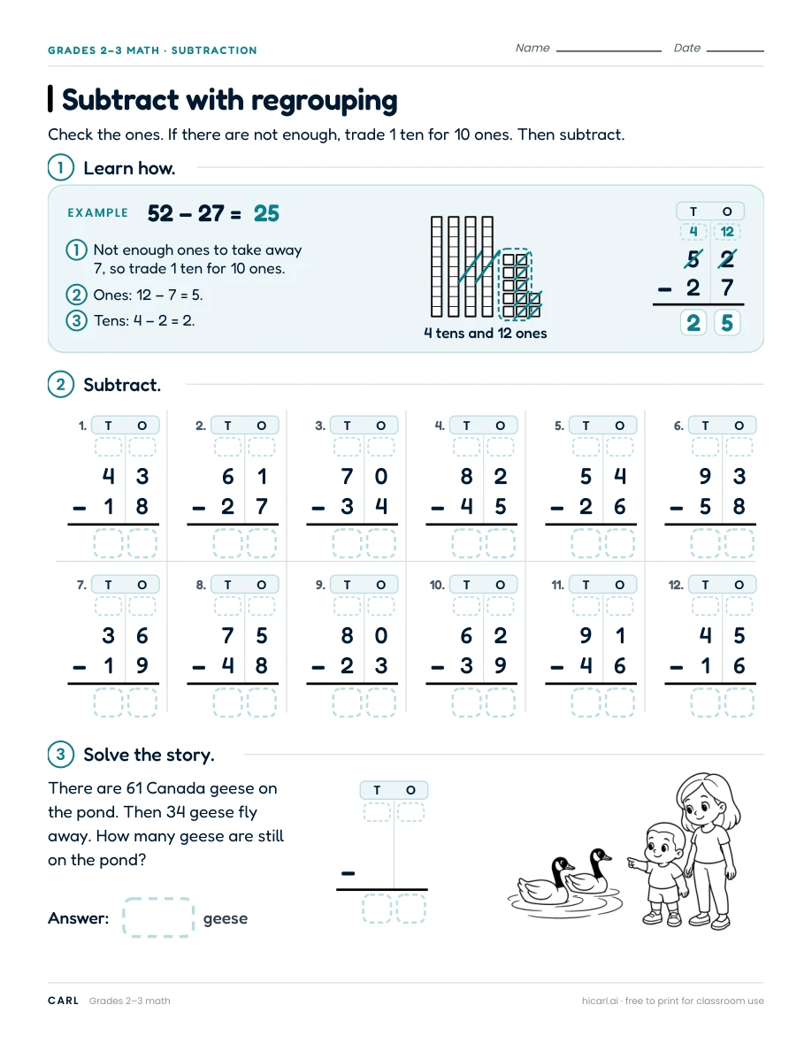 Subtract with regrouping worksheet preview