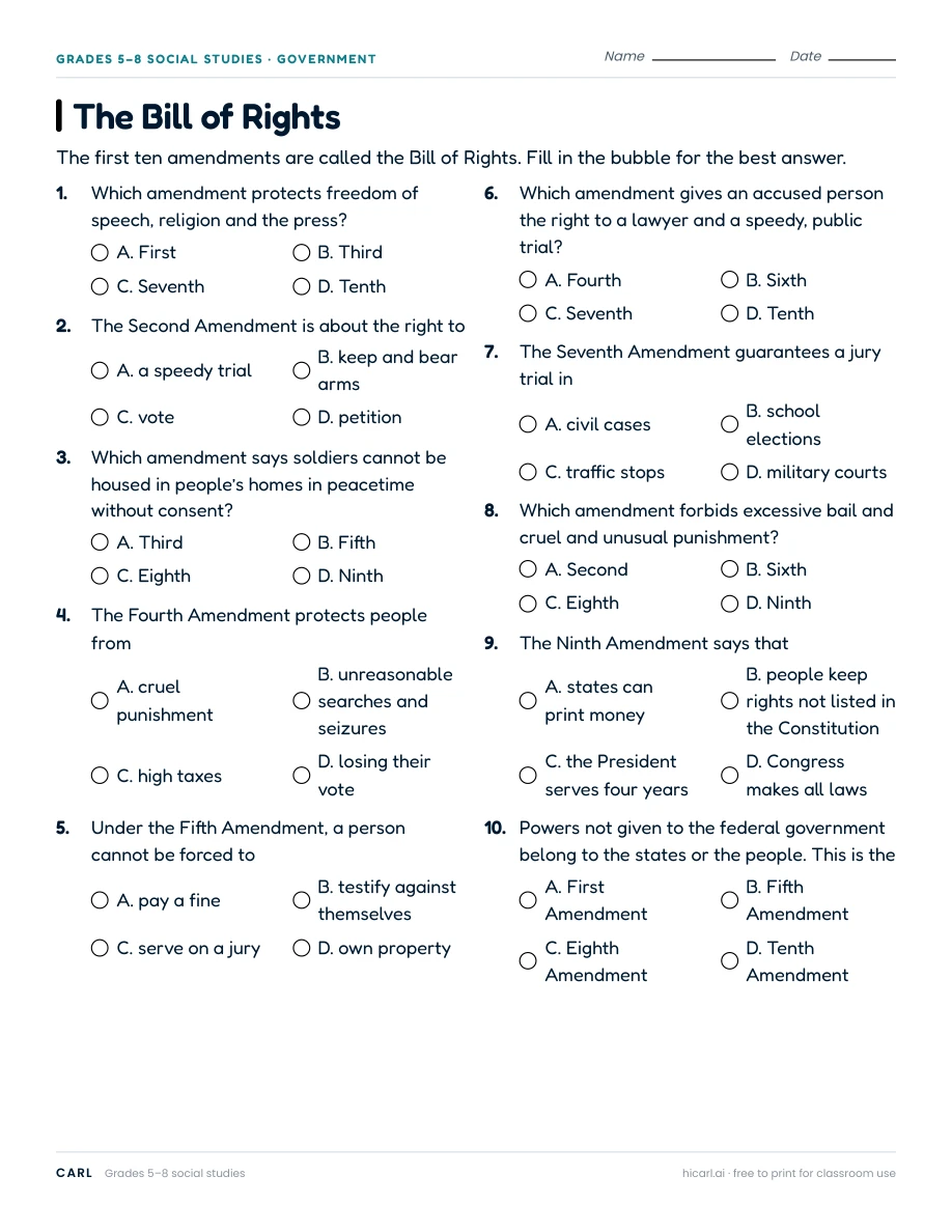 The Bill of Rights worksheet preview