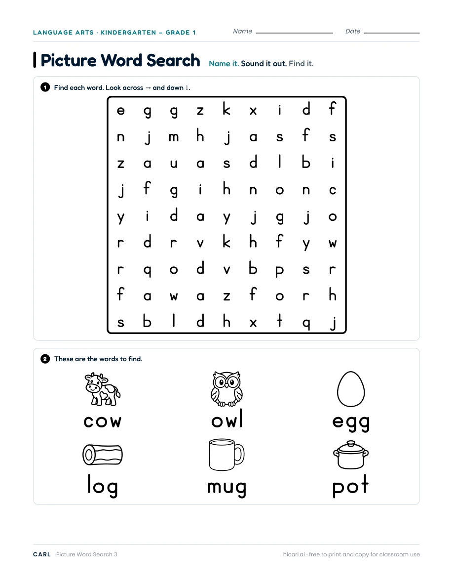 Picture Word Search 3: picture clues for cow, owl, egg, log, mug and pot.