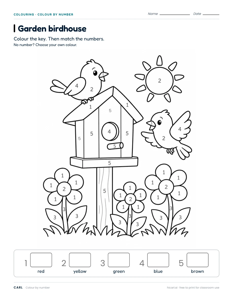 Colour by number: garden birdhouse worksheet preview