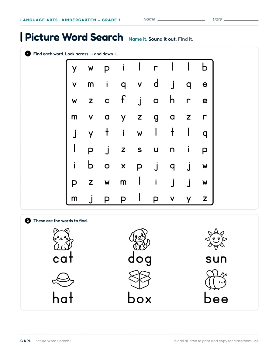 Picture word search worksheets preview