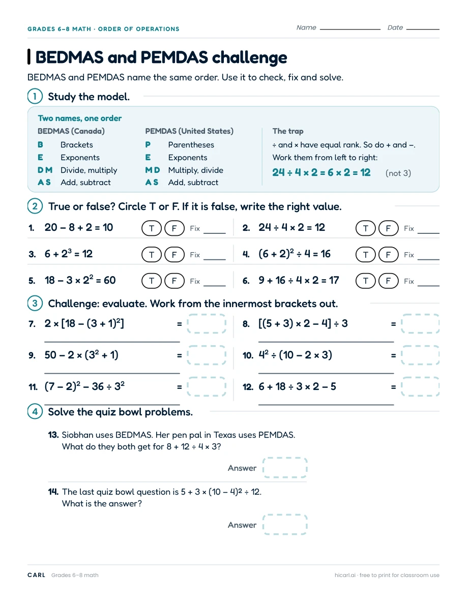 BEDMAS and PEMDAS challenge worksheet preview