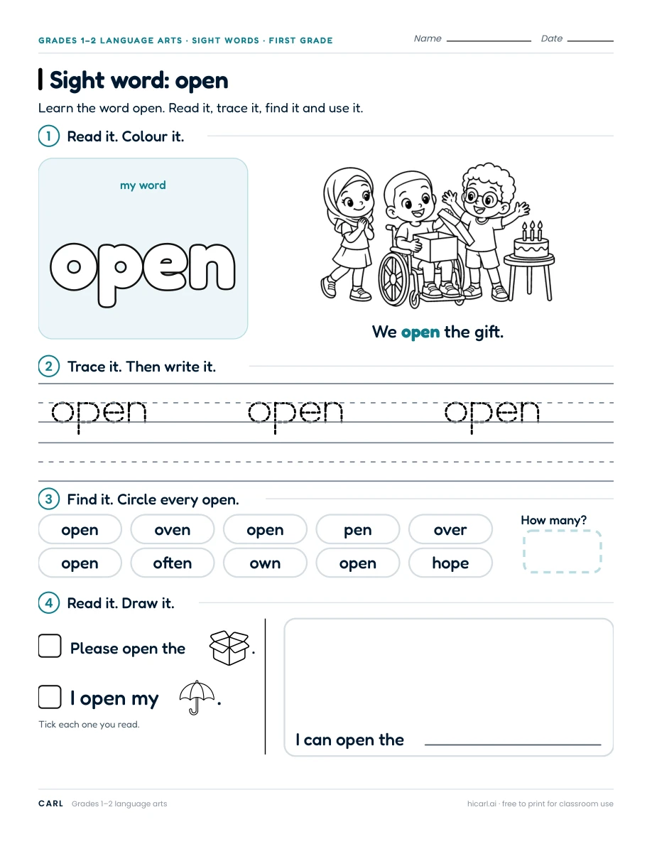 Sight word: open preview