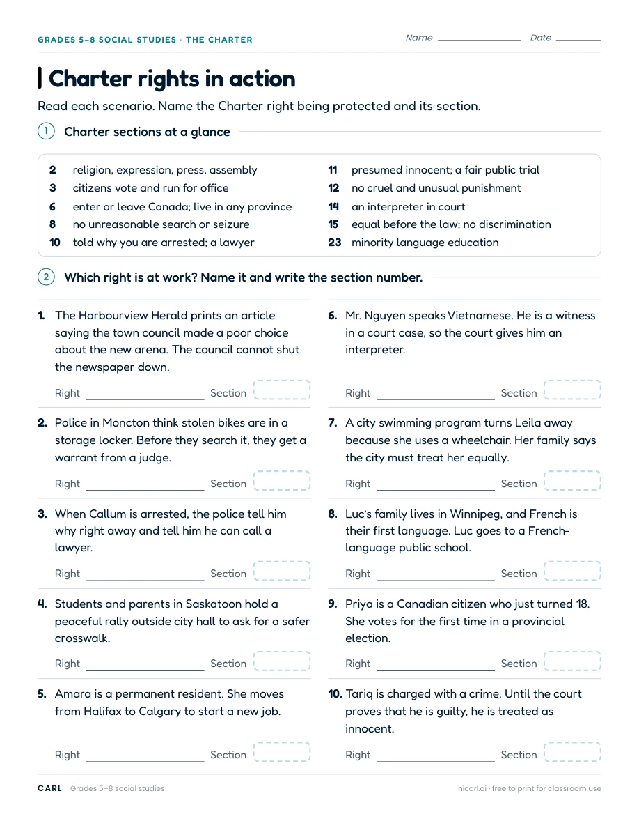 Charter rights classroom practice worksheets preview
