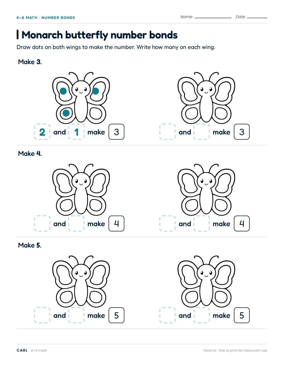 Monarch butterfly number bonds worksheet preview