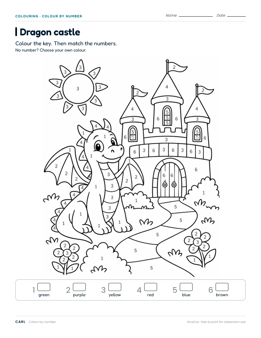 Colour by number: dragon castle worksheet preview