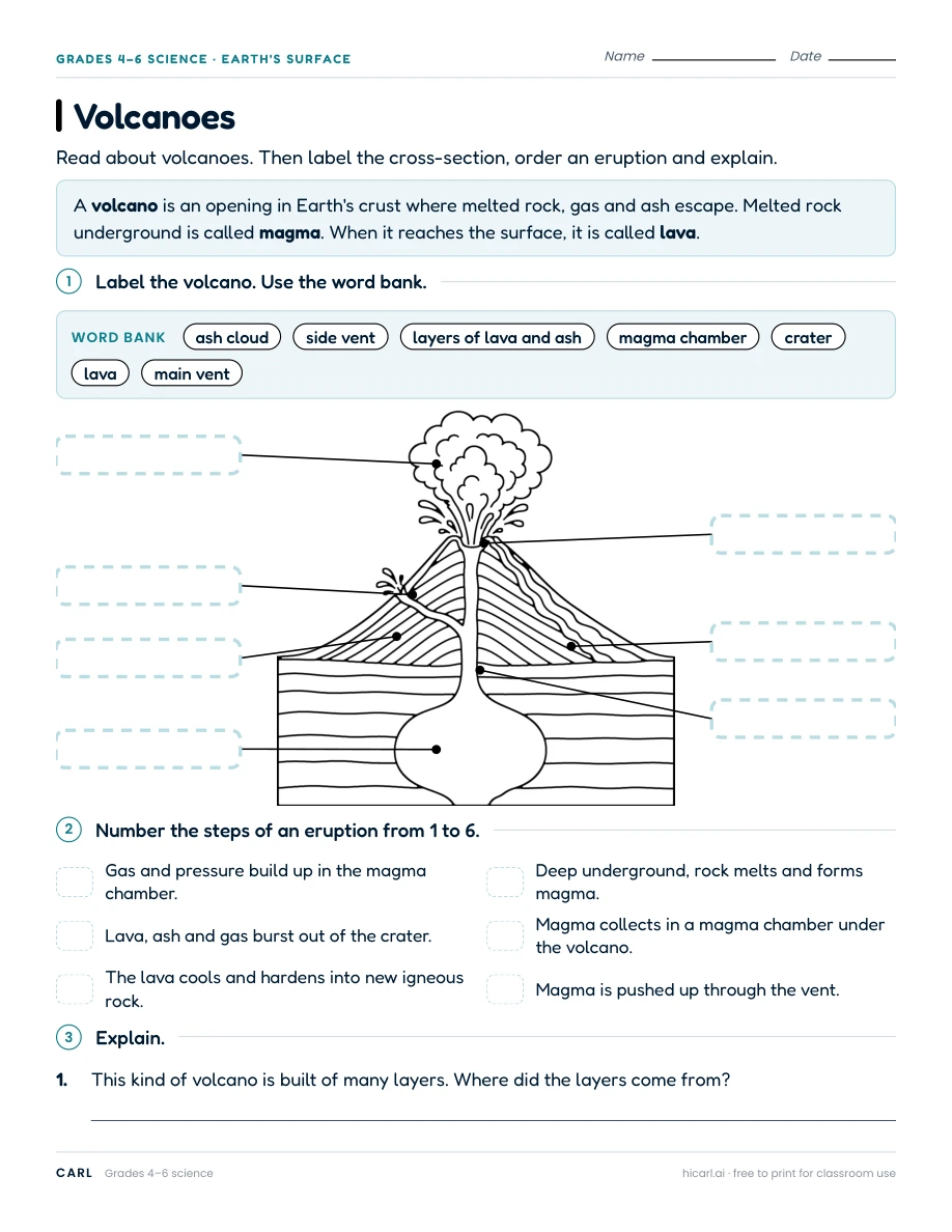 Volcanoes worksheet preview