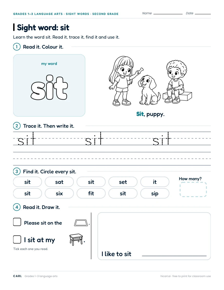 Sight word: sit preview