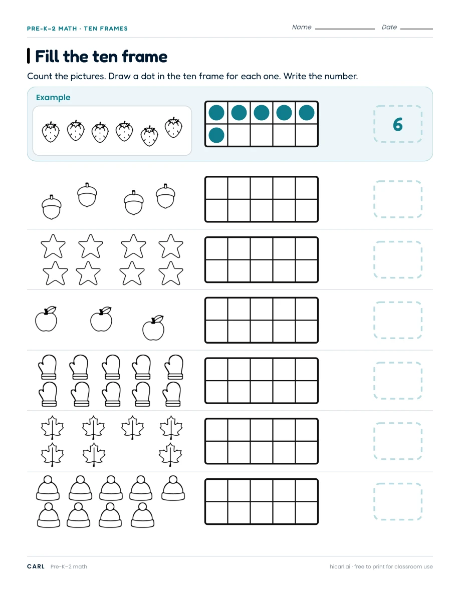 Ten-frame worksheets preview