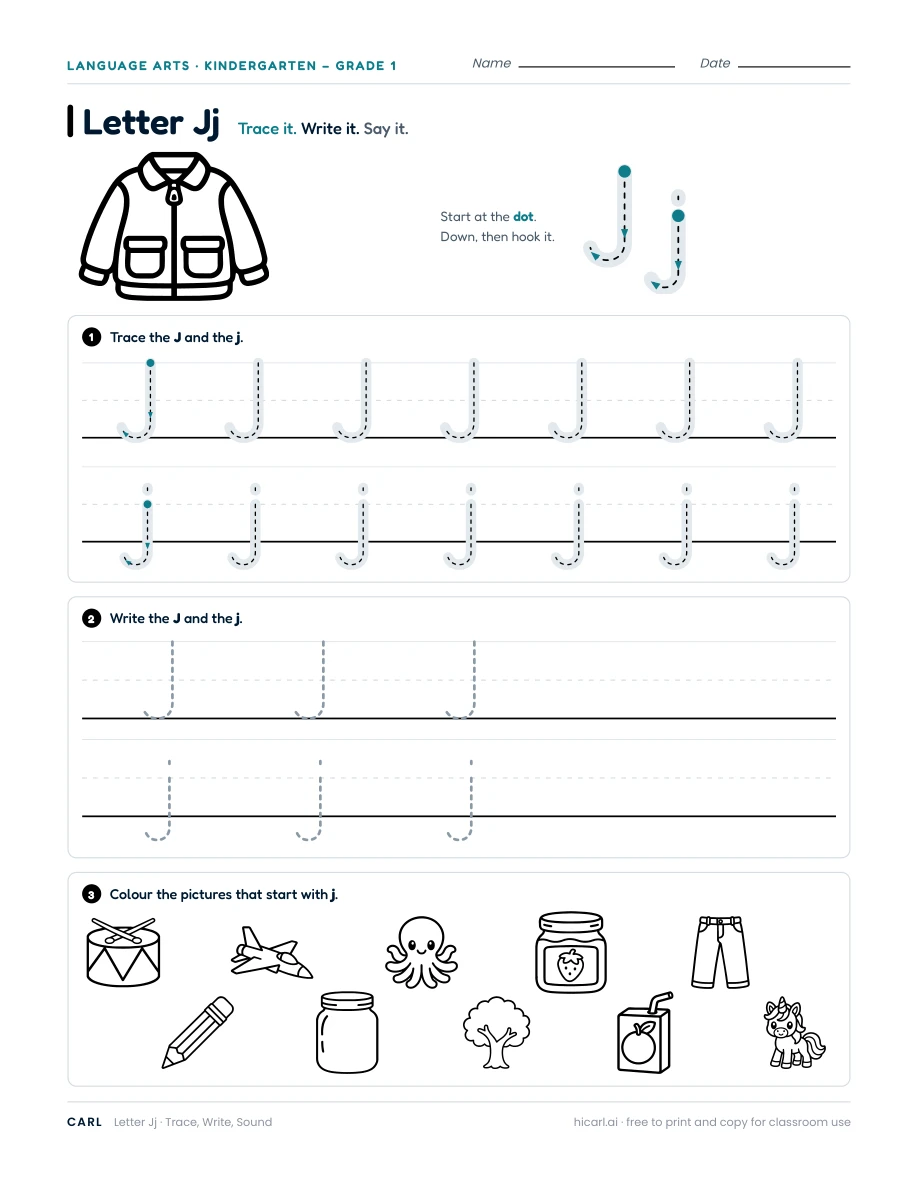 Letter J worksheet — page 1 of 1