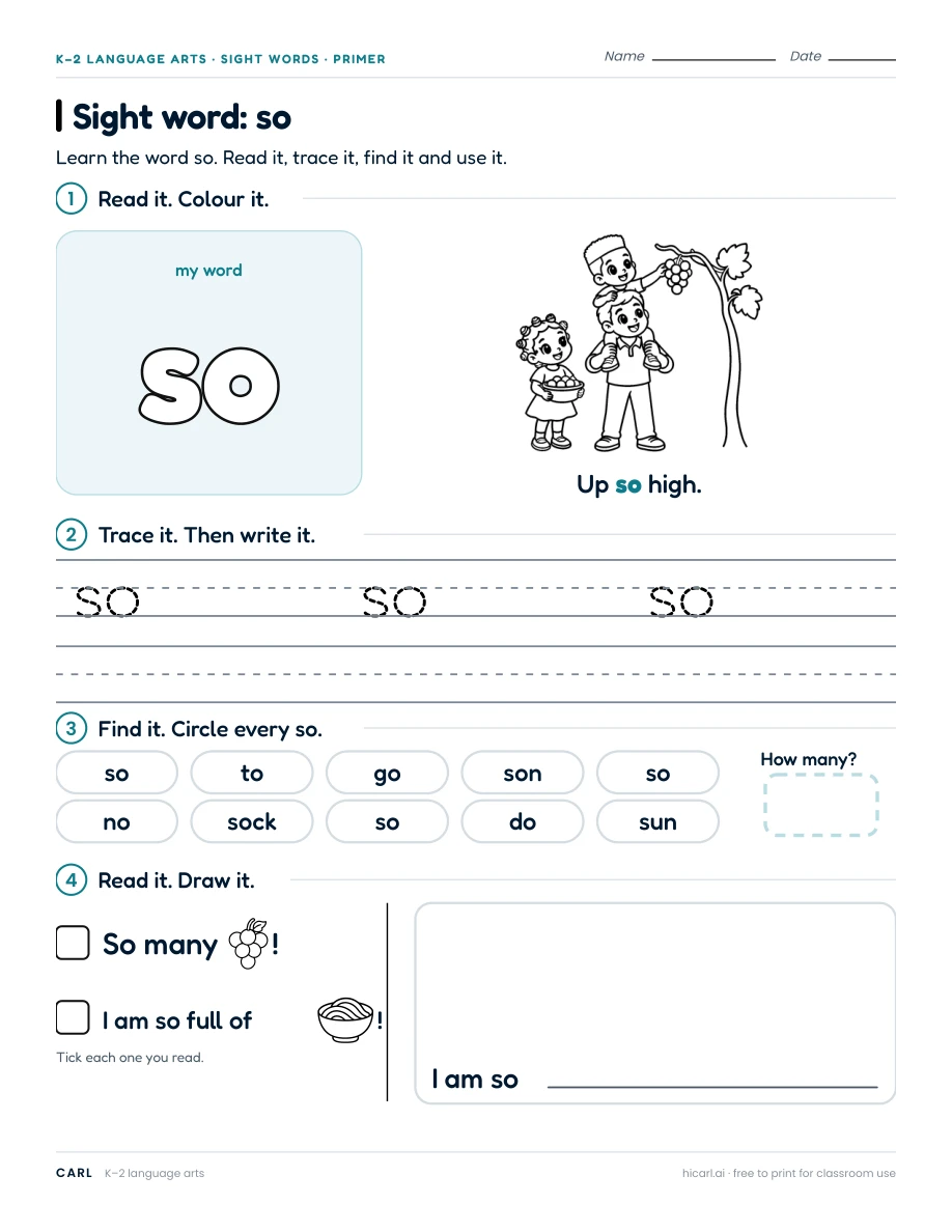 Sight word: so preview