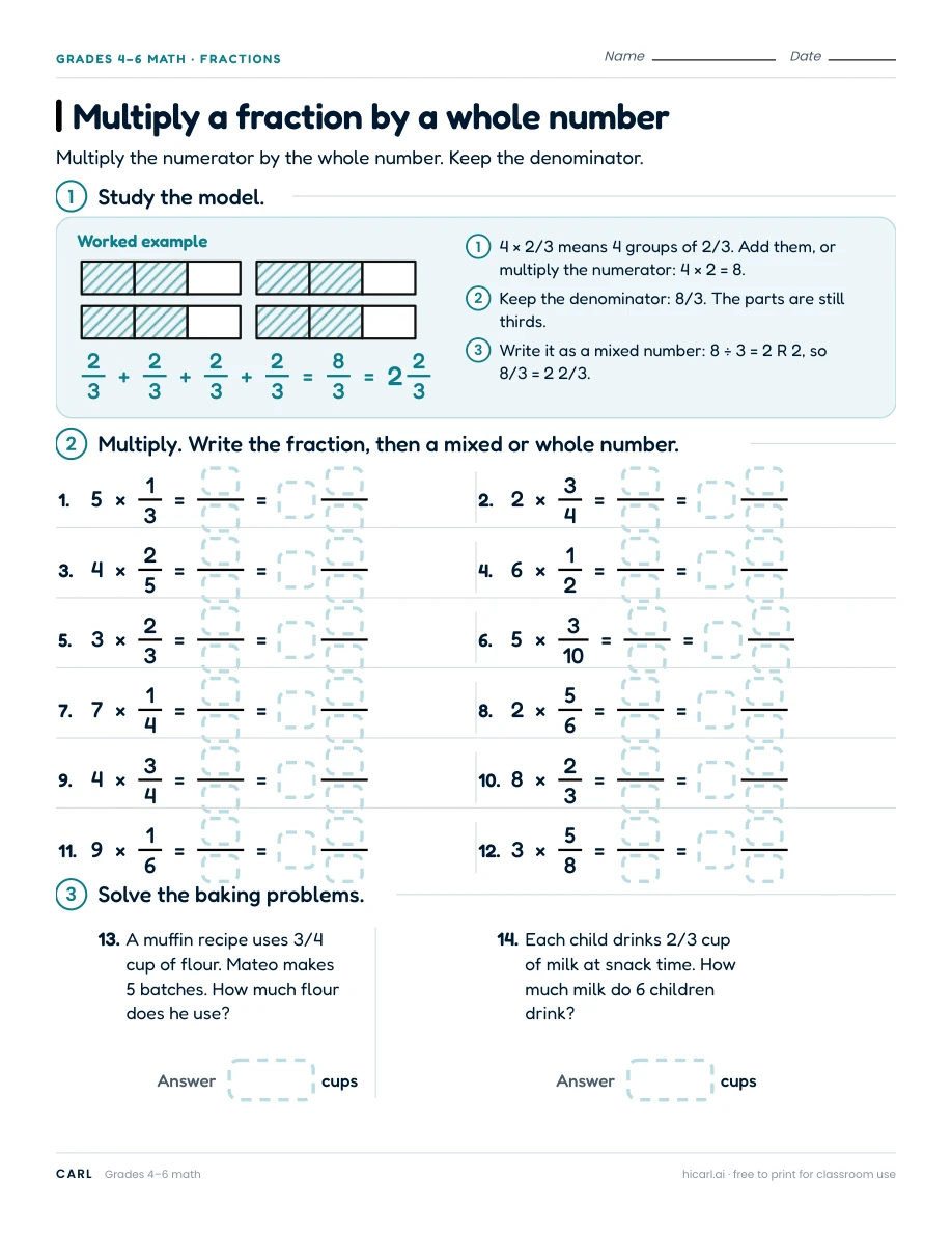 Multiply a fraction by a whole number worksheet preview