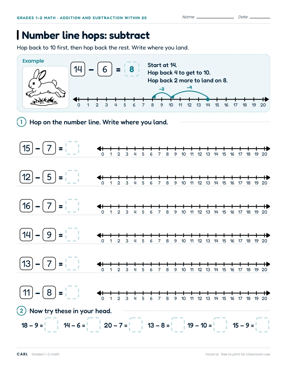 Number line hops: subtract preview