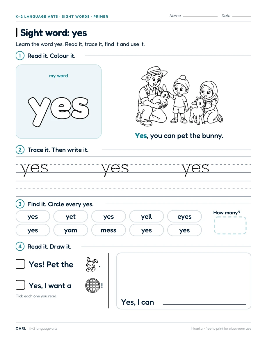 Sight word: yes preview