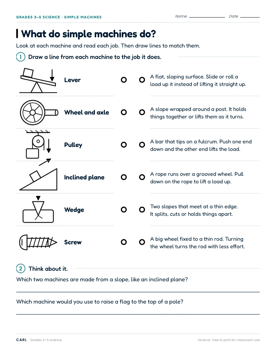 What do simple machines do? worksheet preview