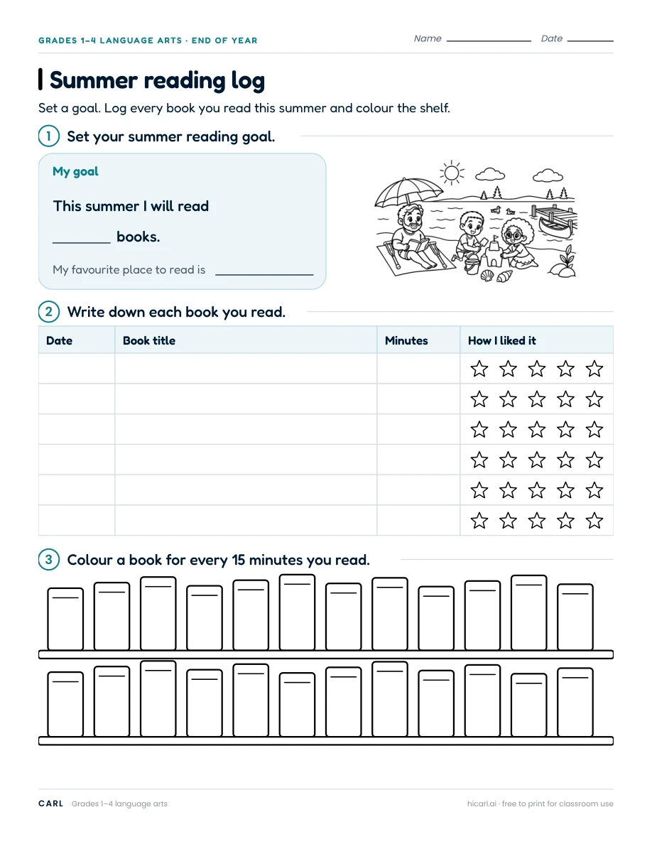 Summer reading log worksheet preview