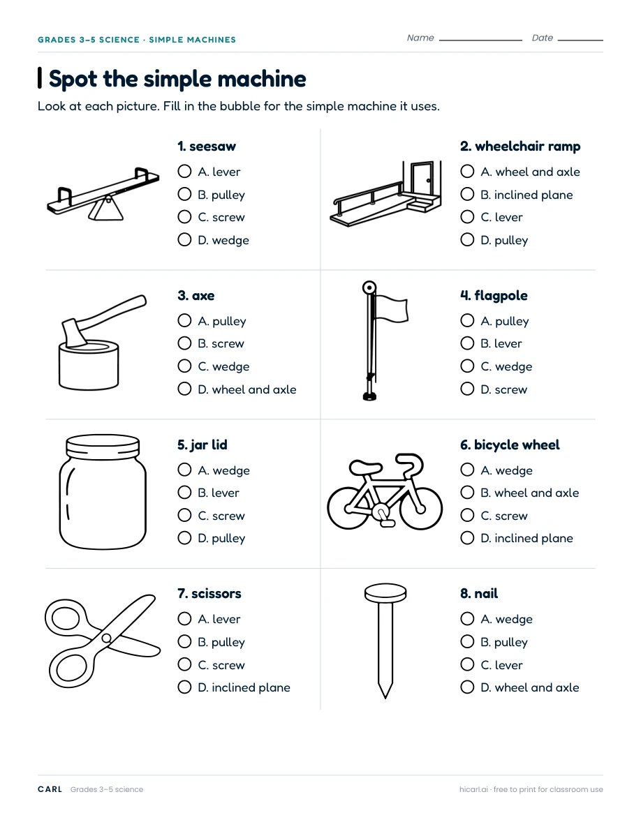 Spot the simple machine worksheet preview