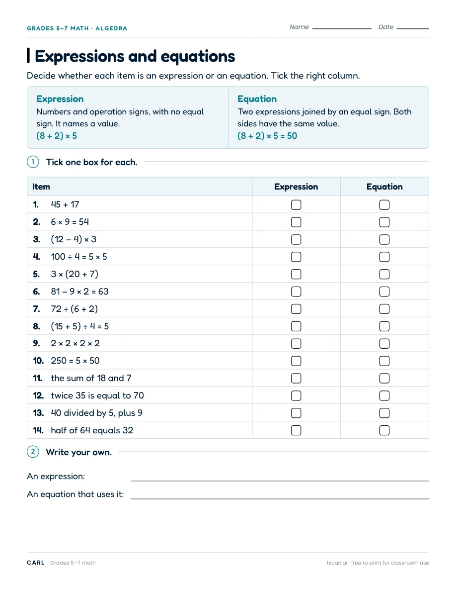 Expressions, equations and patterns worksheets preview