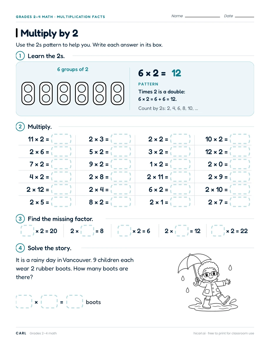 Multiply by 2 worksheet preview
