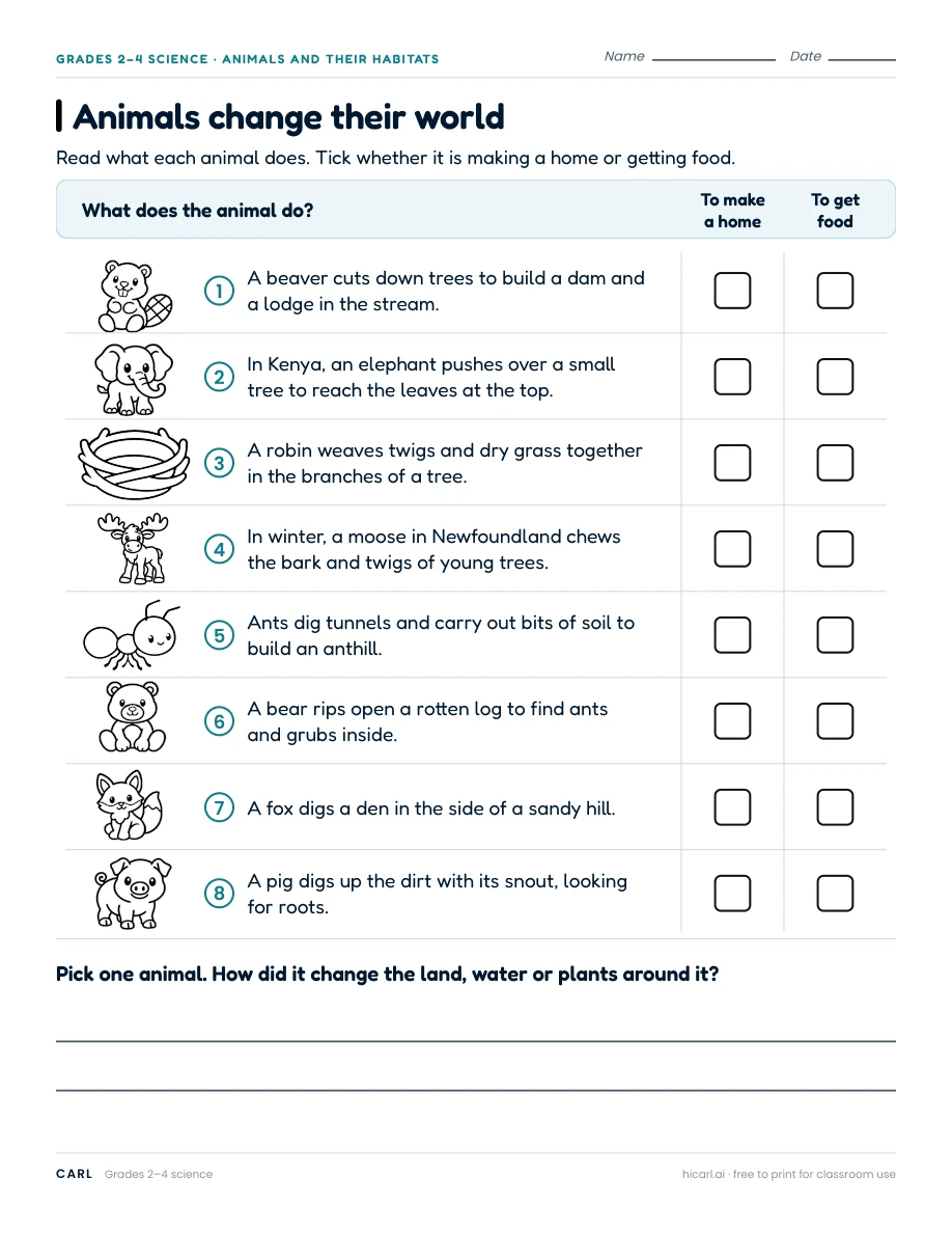 Animals change their world worksheet preview